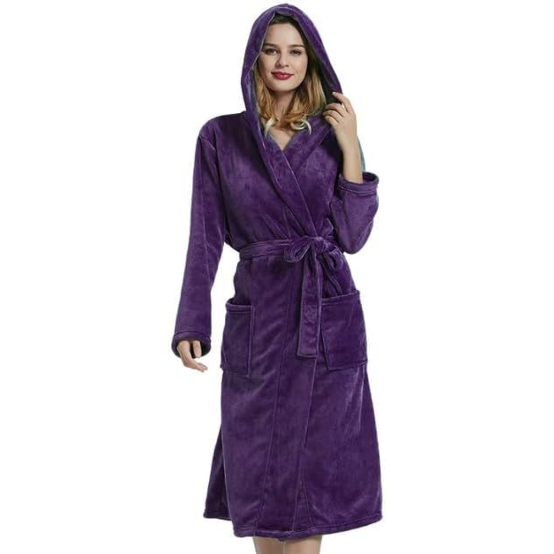 Stylish women's hooded bathrobe in a rich maroon fleece, designed for luxurious lounging comfort.