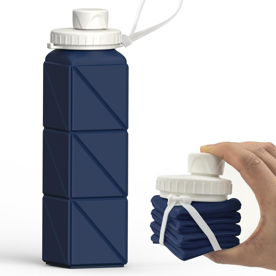 Portable 20 oz collapsible silicone water bottle, leak-proof, ideal for travel & gym.