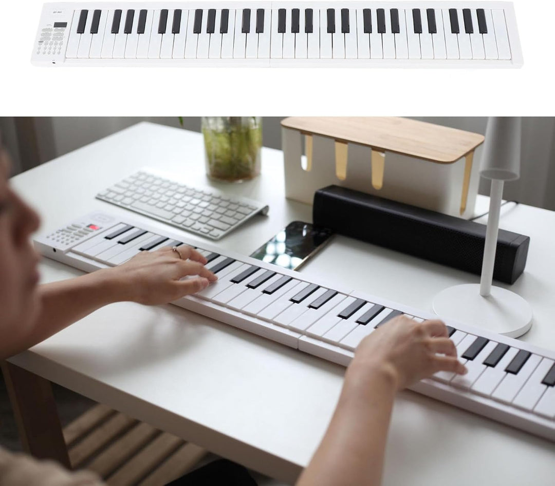 Musician playing the Meliora 61-Key foldable digital piano, demonstrating its portable use in a home setting