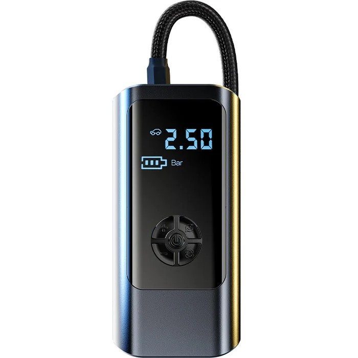 Portable air compressor with dual power, ideal for car tires, bikes, and inflatables. Cordless 150 PSI tire pump.