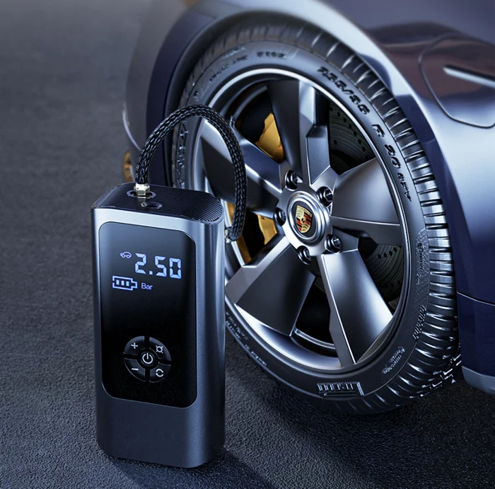 Versatile portable air compressor for tires, bikes & sports equipment. Cordless 150 PSI inflator, essential car accessory.