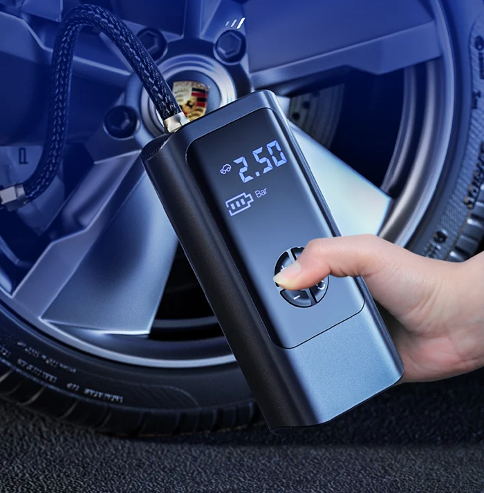 Compact portable air compressor with dual power. Quickly inflates car tires, bike tires, and sports equipment. 150 PSI.