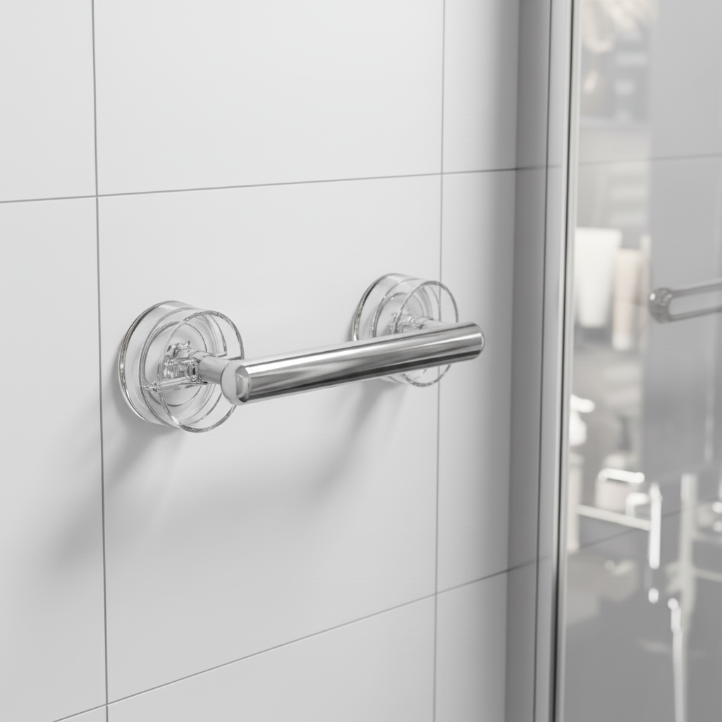 Portable anti-slip safety grab bar for bathroom, enhancing elderly mobility and home safety.