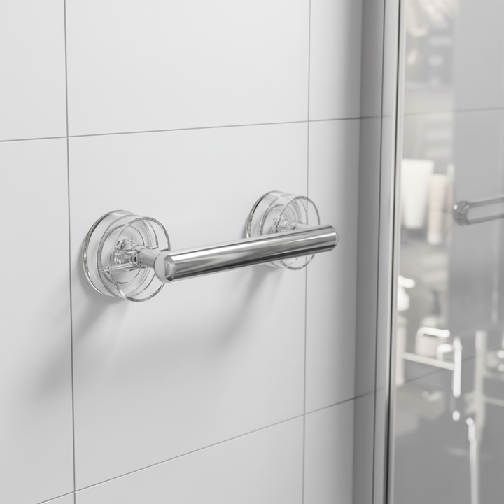 Portable anti-slip safety grab bar for bathroom, enhancing elderly mobility and home safety.