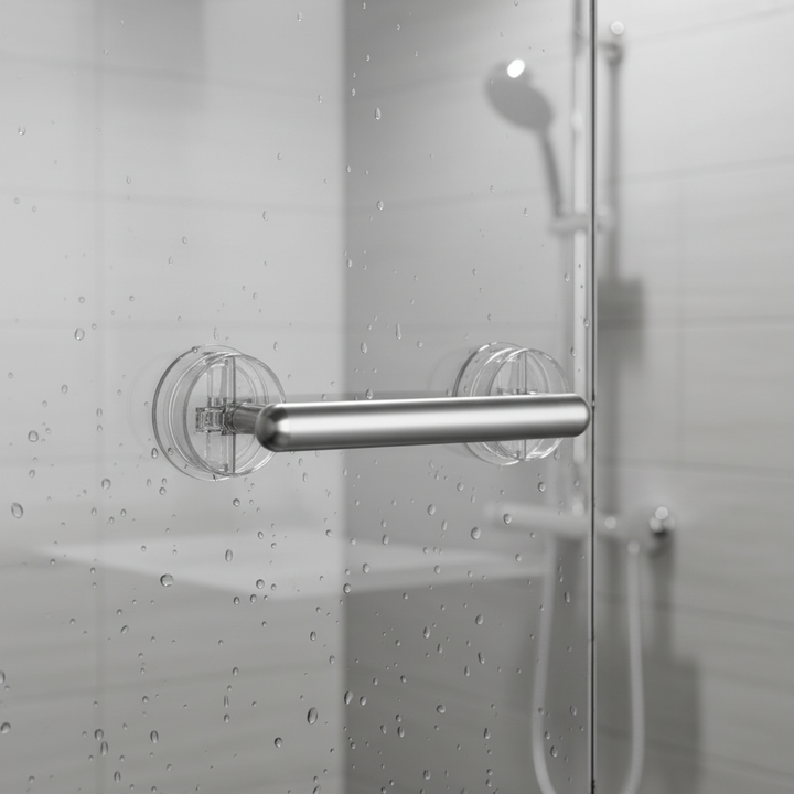 White portable safety grab bar, designed for reliable grip and fall prevention in bathrooms.