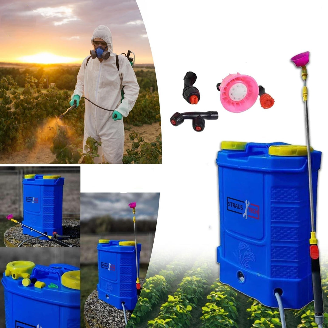 Portable battery pressure garden sprayer for pest control, fertilizer, and plant care. Essential gardening tool.