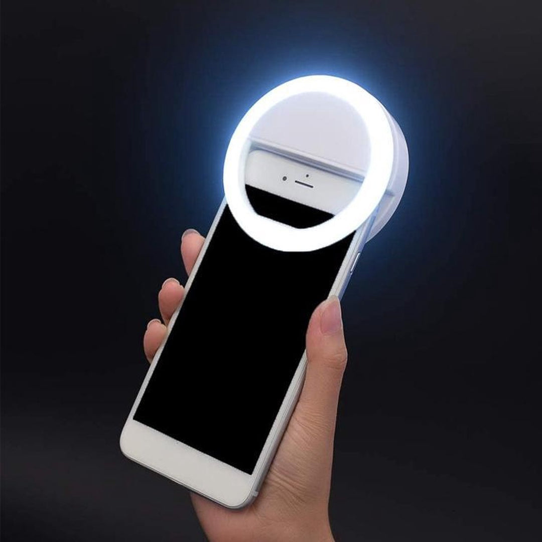 Portable clip-on selfie ring light for smartphone, LED glow for perfect selfies and video calls, USB rechargeable