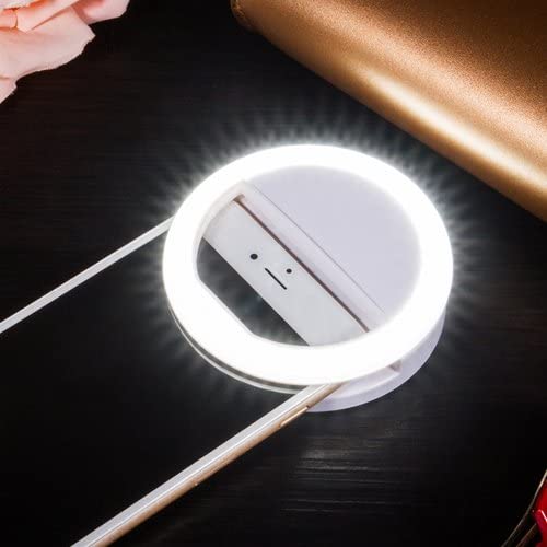 LED selfie ring light, portable clip-on design, ideal for content creation on smartphones, USB rechargeable