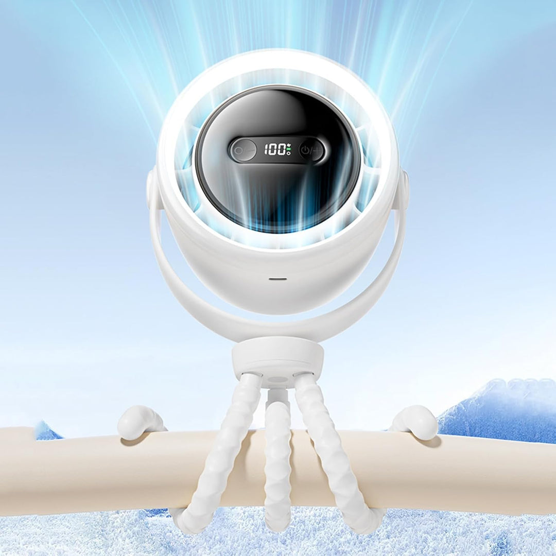 Overhead shot of the clip-on fan, illustrating its 360-degree rotation capability.