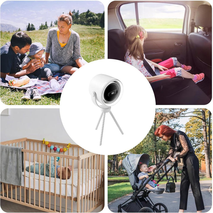 Lifestyle image of the clip-on fan, in use outdoors on a sunny day, keeping baby cool.