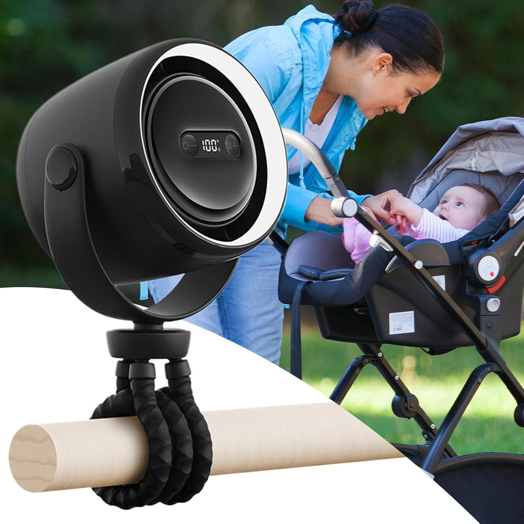 Portable stroller fan in a modern nursery setting, diffusing a soft night light.