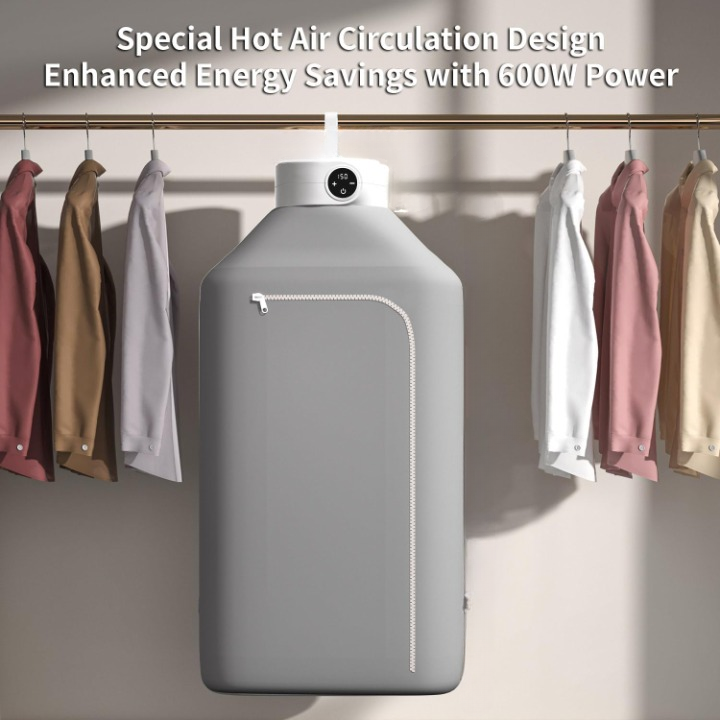 Illustration of the portable clothes dryer with folding bag, highlighting its use in a small apartment/dorm room.