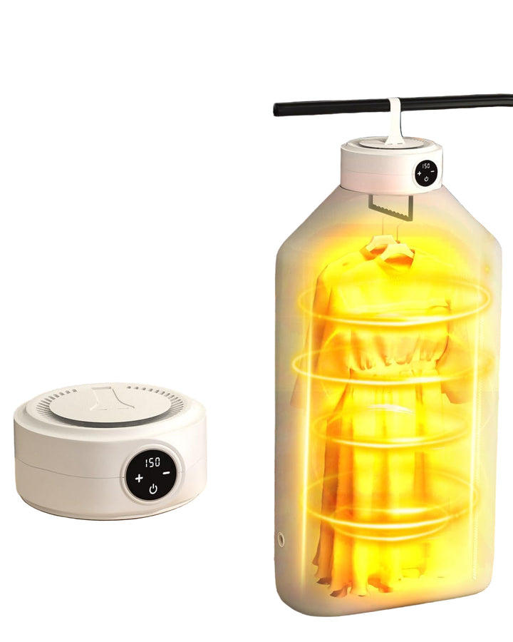 Portable clothes dryer with white folding bag against a neutral background, ideal for small apartments