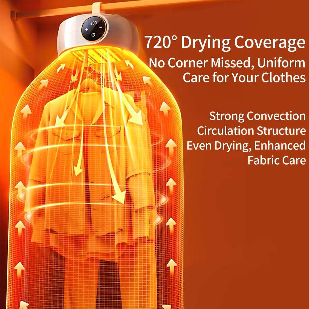 Compact portable dryer with a gray folding bag and hanger, perfect for travel or dorm rooms