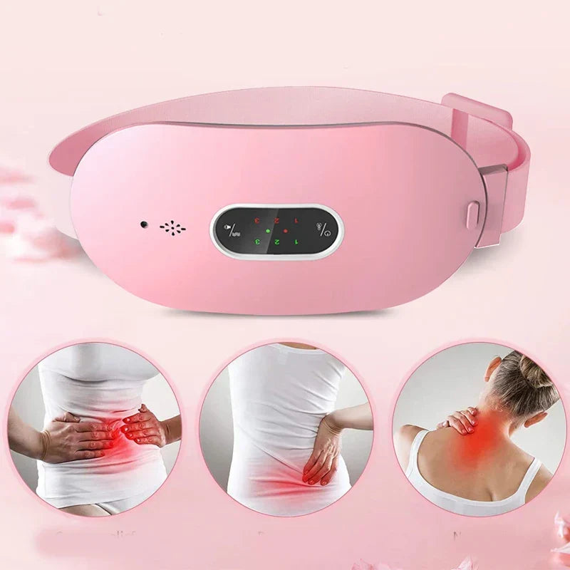 Women's pain relief heating pad & massage cushion for period cramps, back, and abdominal pain. Portable device.