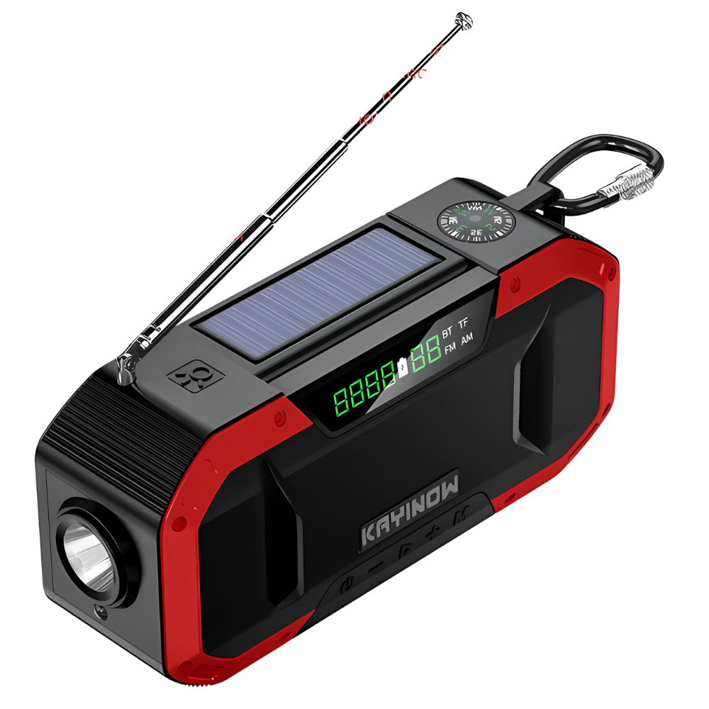 Hand crank & solar emergency radio ensures reliable power. Features AM/FM, flashlight, SOS alarm for survival.