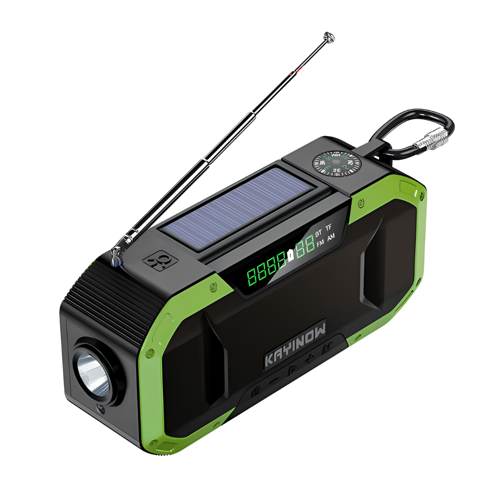 Solar & hand crank emergency radio, essential survival gear. Includes power bank, AM/FM tuner & bright LED light.