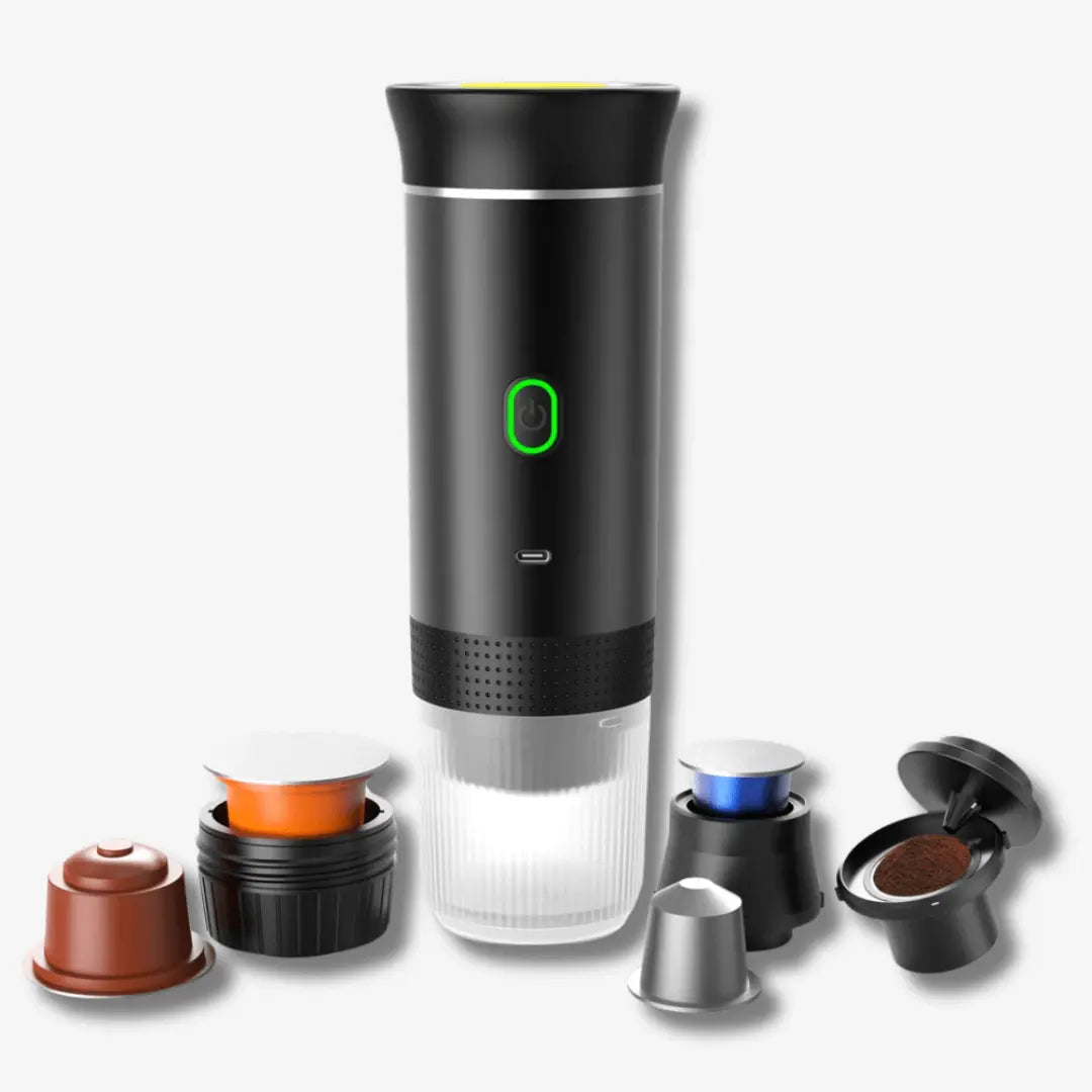 Portable EspressoGo machine for travel, brews rich espresso from ground coffee or capsules on the go.