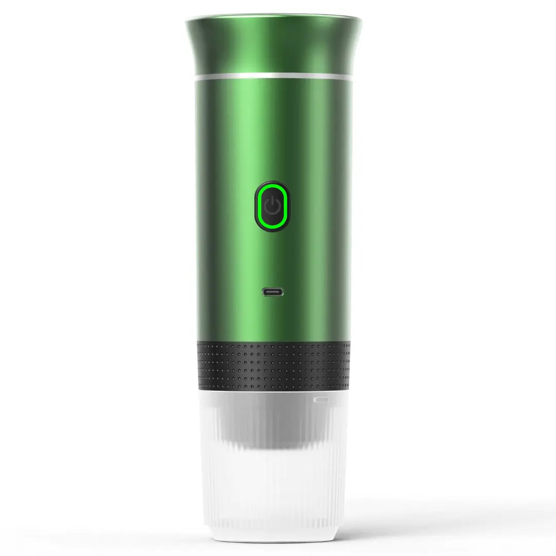 USB rechargeable personal espresso maker. Compact design for outdoor coffee using ground coffee or pads.