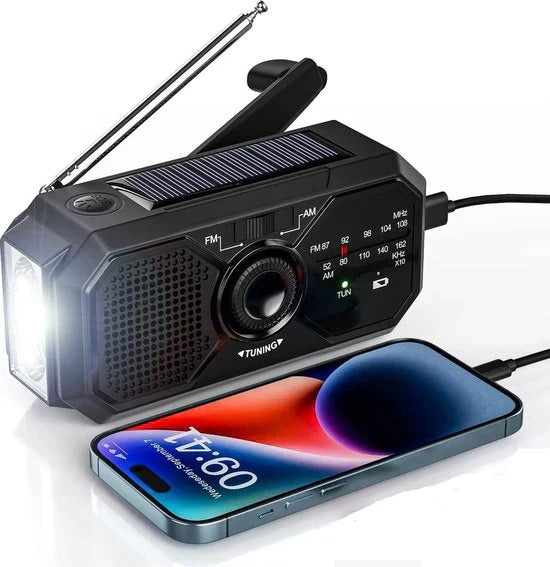 Portable hand crank emergency radio with solar power, LED light & SOS alarm, ideal for survival gear.