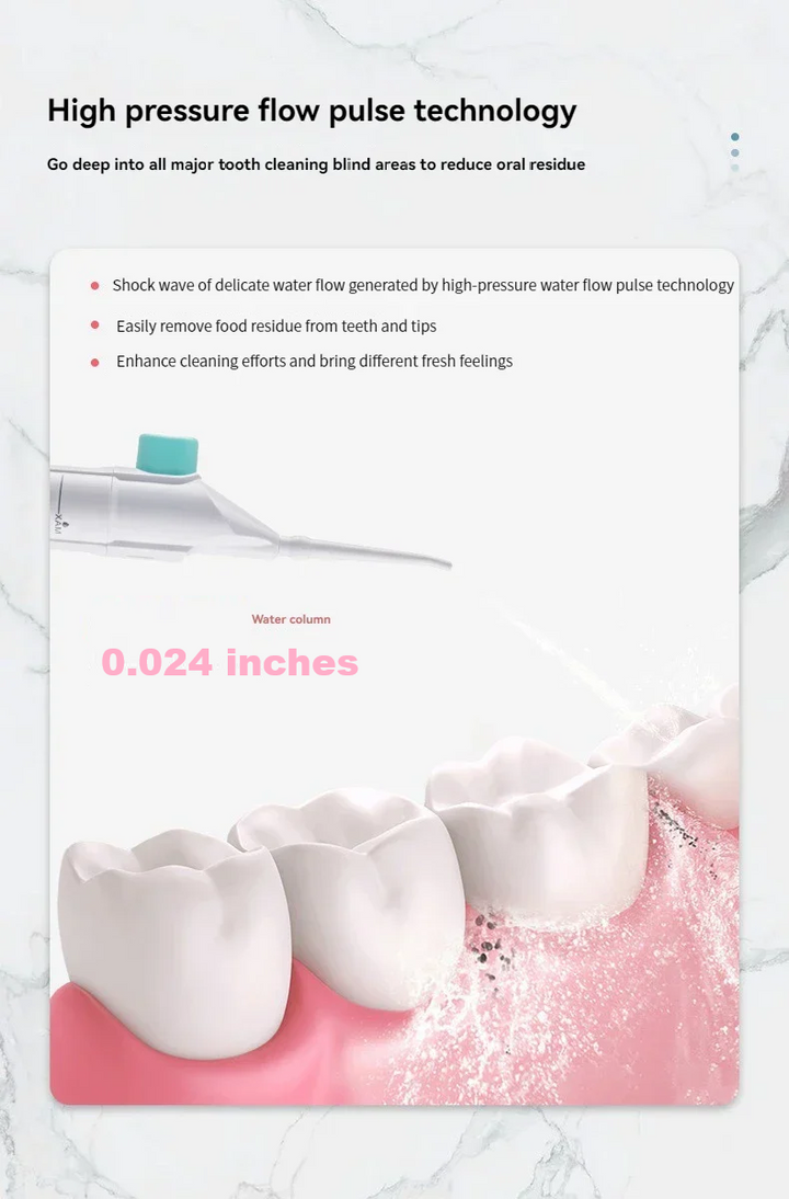 Travel-friendly high-pressure water flosser, ensuring excellent oral hygiene and gum health wherever you are.