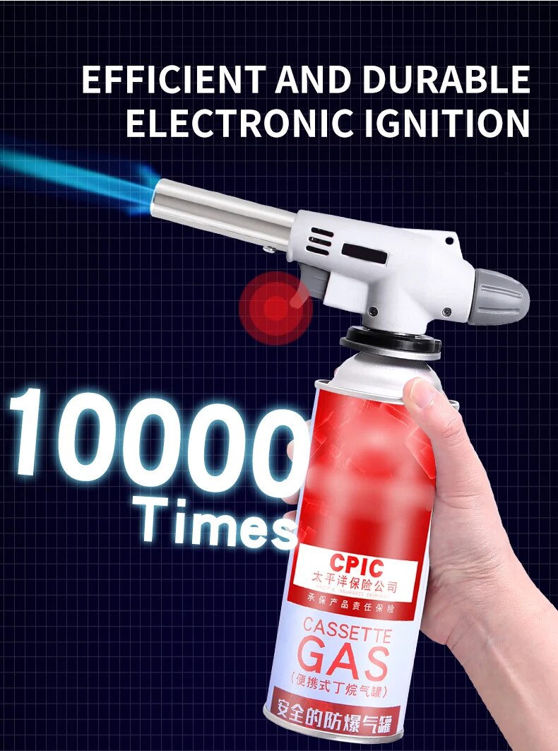 Portable butane cooking torch with a metal body, great for outdoor adventures