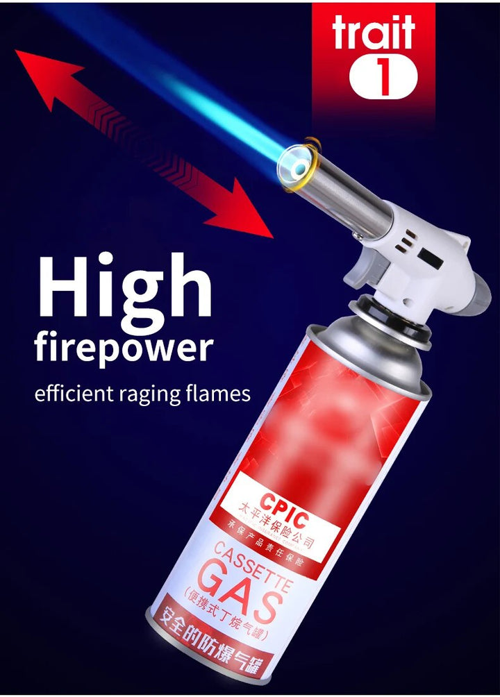 Compact metal butane torch with strong flame for camping and culinary use