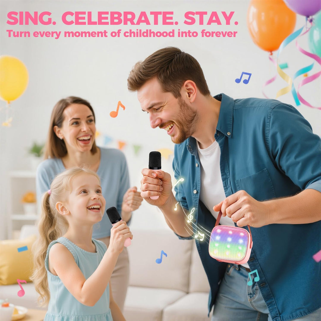 Kids laughing and singing with Veylo Wireless Karaoke Machine featuring voice changer effects