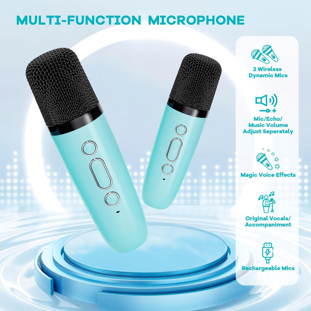 Veylo Karaoke System box packaging, highlighting features: Bluetooth, wireless mics, portable