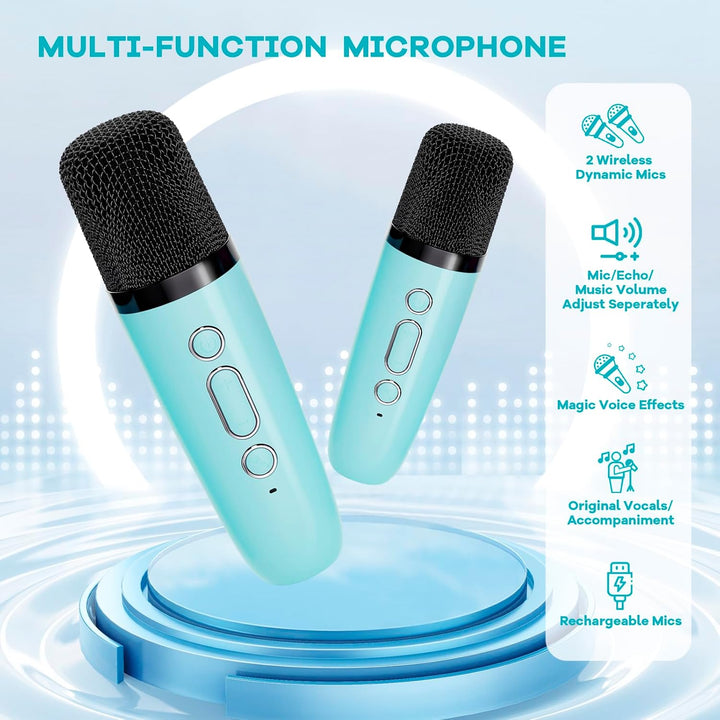 Veylo Karaoke System box packaging, highlighting features: Bluetooth, wireless mics, portable