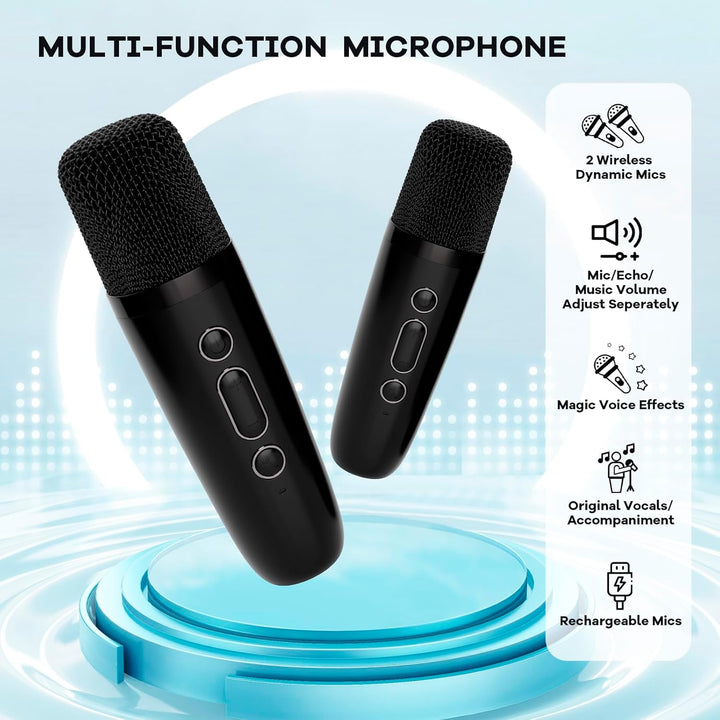Side view of Veylo Portable Karaoke Machine, showing charging port for the device and mics