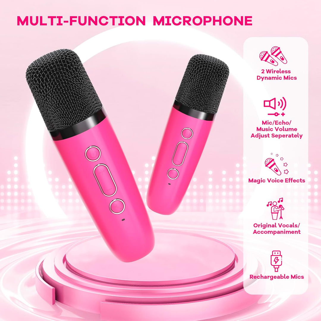 Kids karaoke machine, Veylo, with Bluetooth speaker functionality, shown in active use with microphones