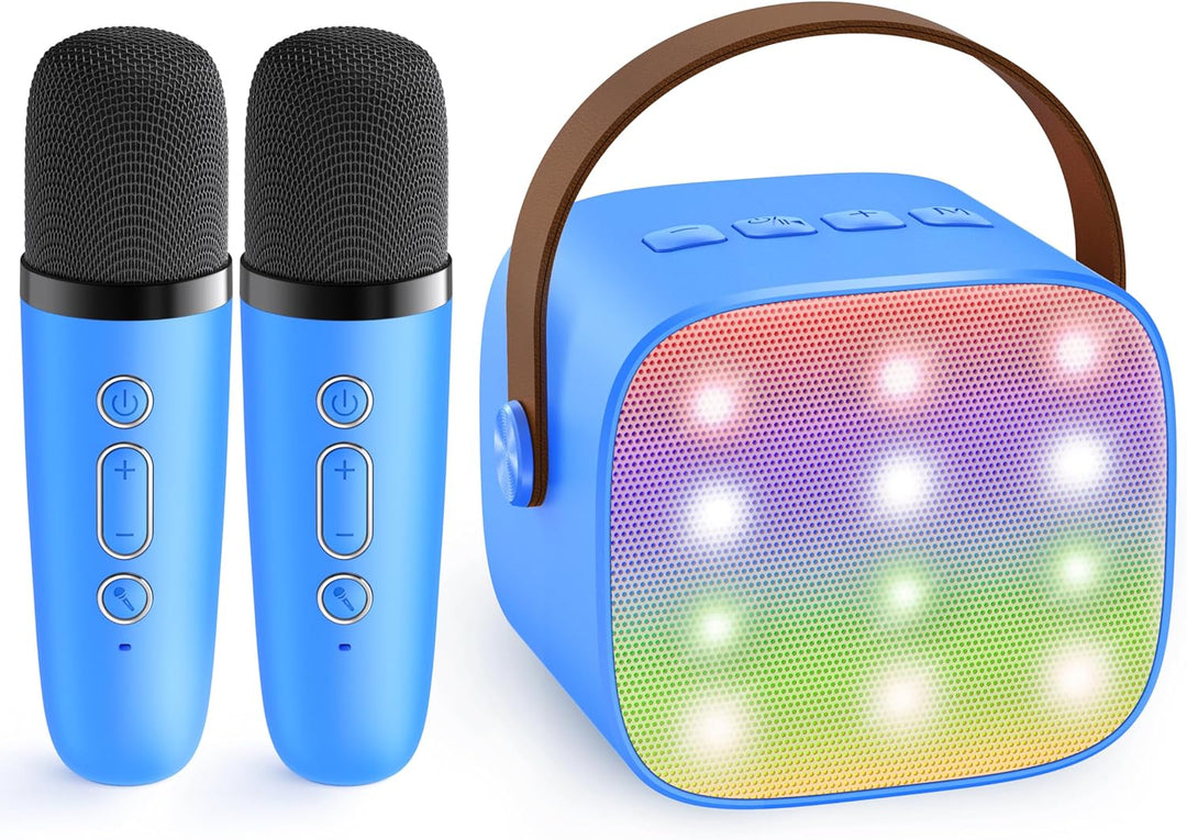 Two wireless microphones for Veylo Portable Karaoke Machine, charging dock visible, high-quality audio