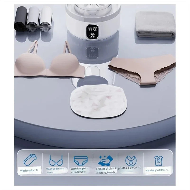 Wireless mini washing machine with LED display, excellent for travel and hygiene needs