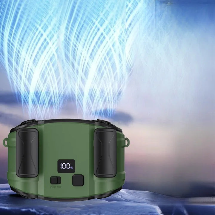 Dual outlet personal fan, WindMate, provides versatile outdoor cooling for summer.