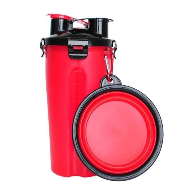 Portable pet travel bottle with attached food & water bowls, perfect for dogs on the go.