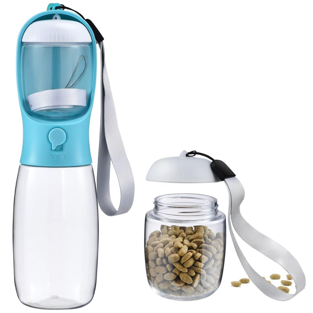 Portable pet water bottle & food dispenser for dogs – ideal for travel & outdoor hydration.
