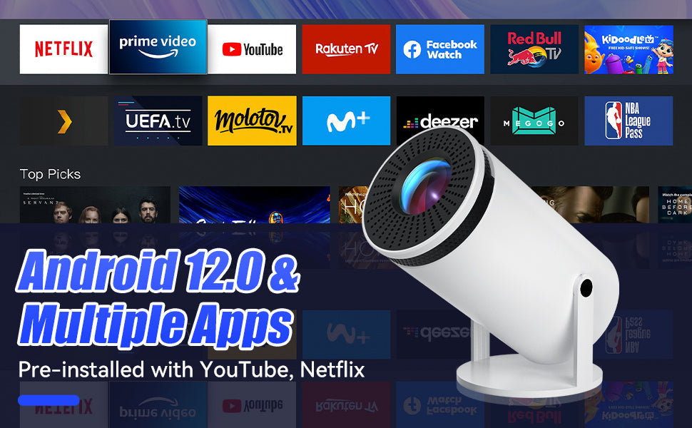 Smart projector with Android 12 OS, enabling streaming apps, web browsing & seamless entertainment.