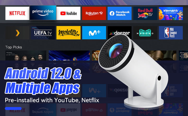 Smart projector with Android 12 OS, enabling streaming apps, web browsing & seamless entertainment.