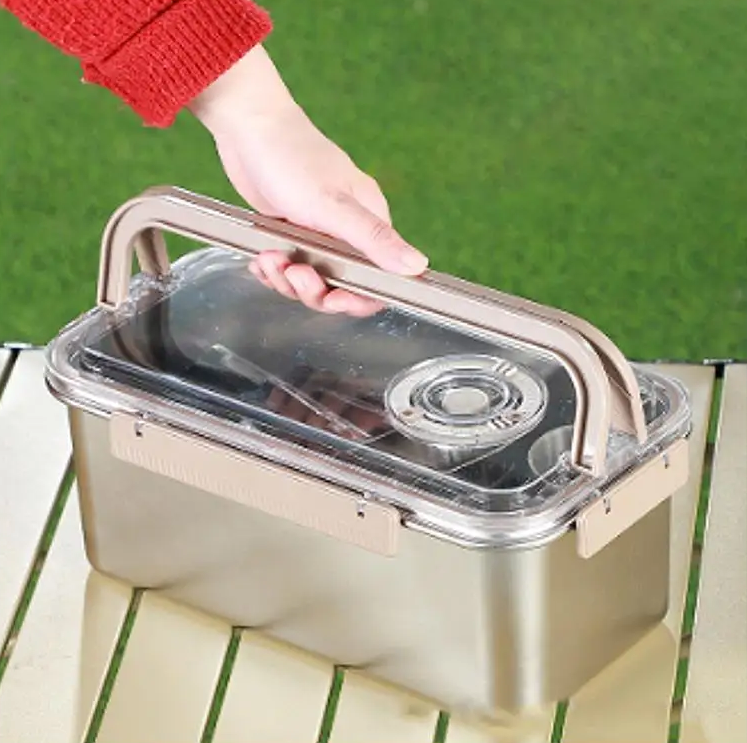 Portable stainless steel camping dinnerware kit with fork, knife, spoon, and chopsticks in a compact storage box. CampSet.