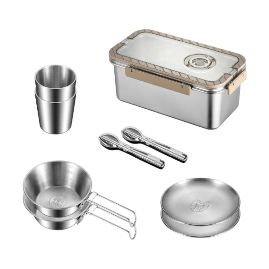 Complete CampSet portable stainless steel outdoor dining kit for camping, backpacking, and travel, with all essential utensils.