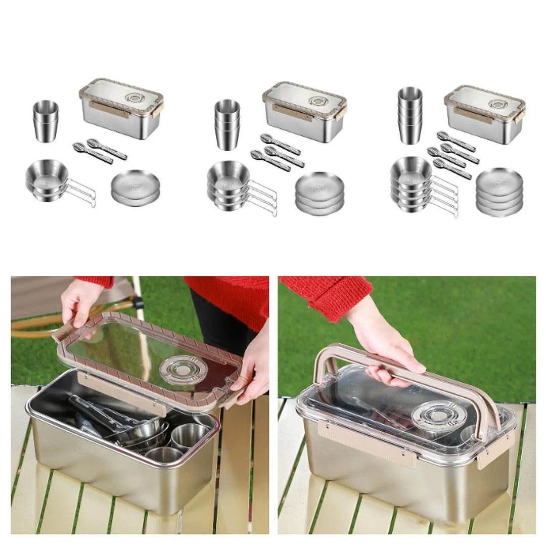 Compact stainless steel dinnerware kit, perfect for camping, outdoor dining, backpacking, and hiking adventures.