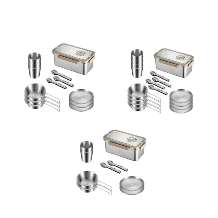 Durable stainless steel camping dinnerware, including fork, knife, spoon, and chopsticks, designed for travel and outdoor use.