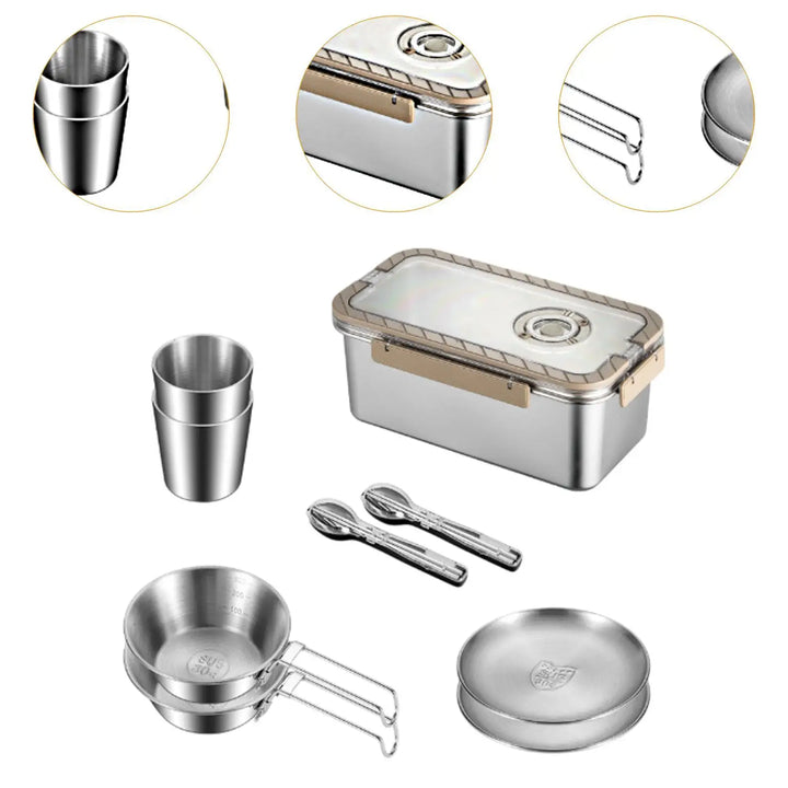 Open portable camping mess kit showcasing stainless steel utensils, ready for outdoor dining and backpacking essentials.