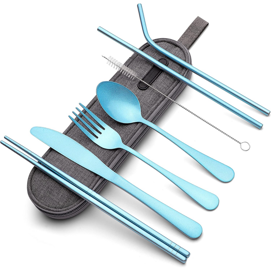 Eco-friendly stainless steel cutlery set with travel case, a portable and durable option for meals on the go