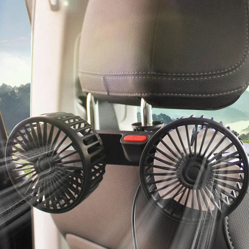 CoolBreeze dual-head USB car fan, 3 speeds, black, for vehicle interior cooling and airflow