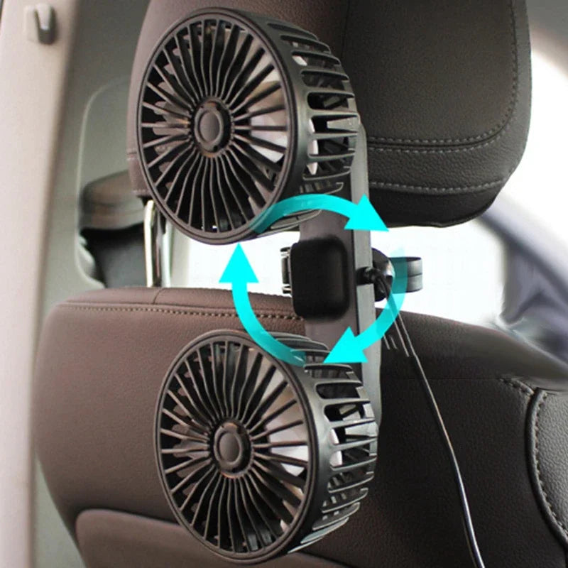 Black portable USB dual-head car fan, 3-speed, attached to dashboard, enhancing vehicle cooling
