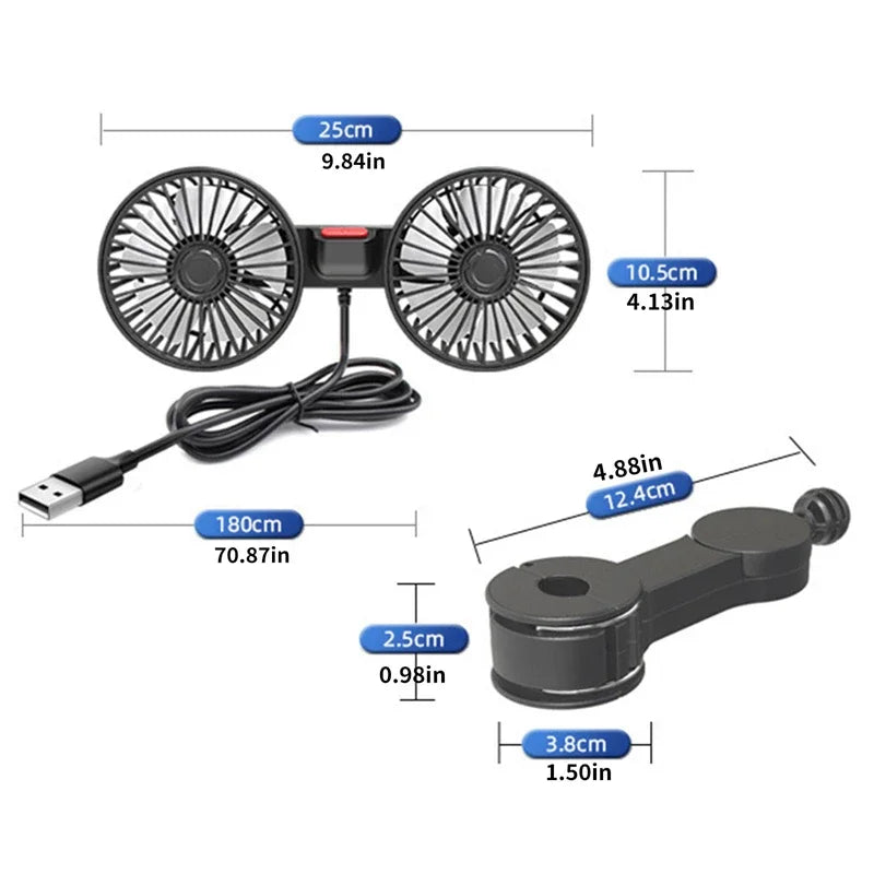 Universal dual-head USB car fan, 3 speed, shown from front, ideal portable cooling for any vehicle