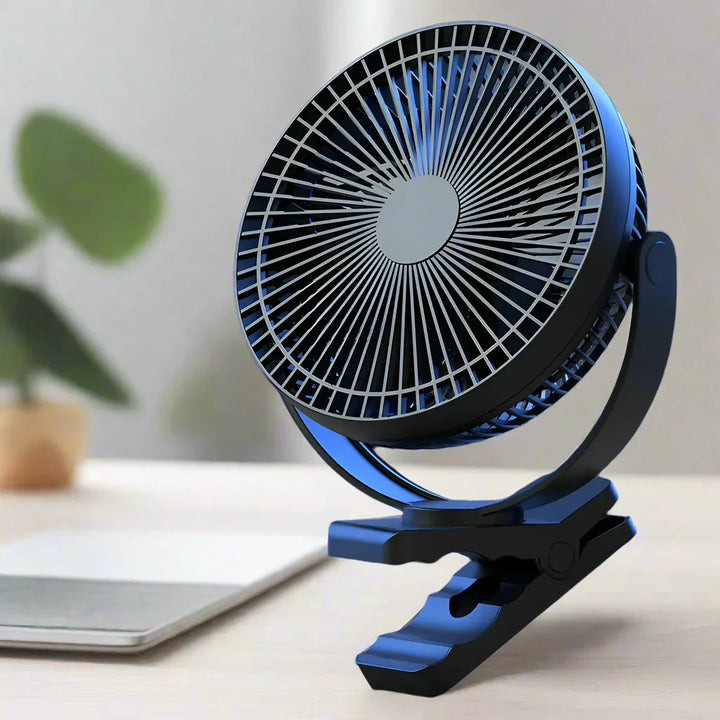 Portable USB Rechargeable Clip Fan, 10000mAh battery, for desk, travel, and outdoor use