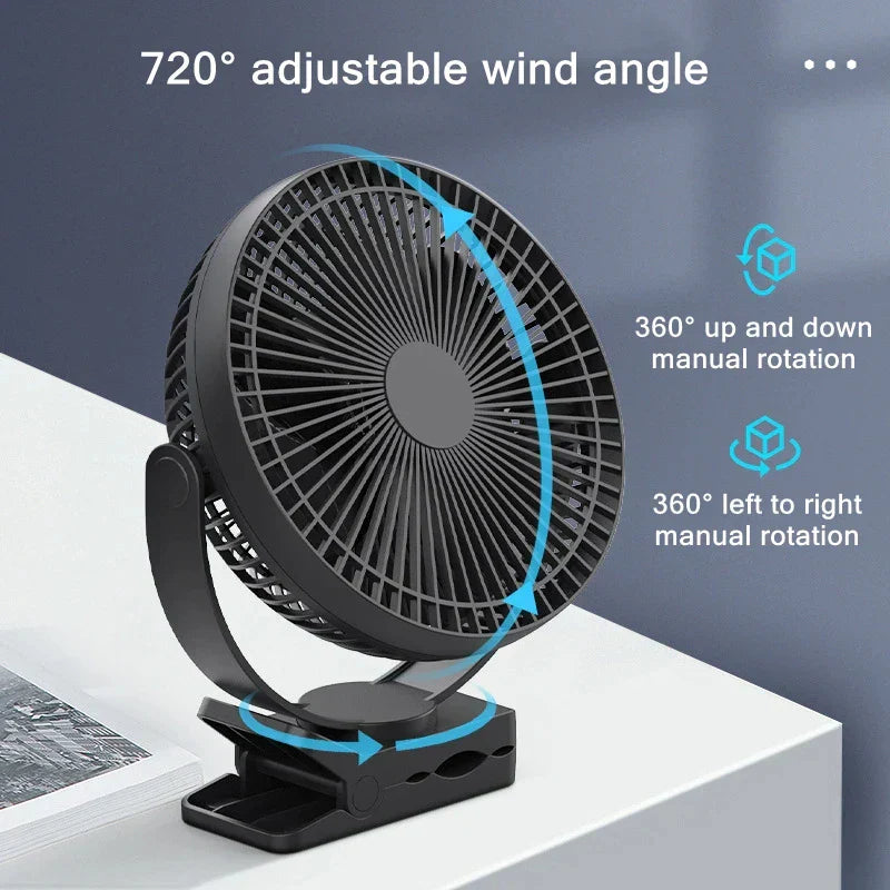 Black USB rechargeable clip fan with large 10000mAh battery, ideal for home or travel